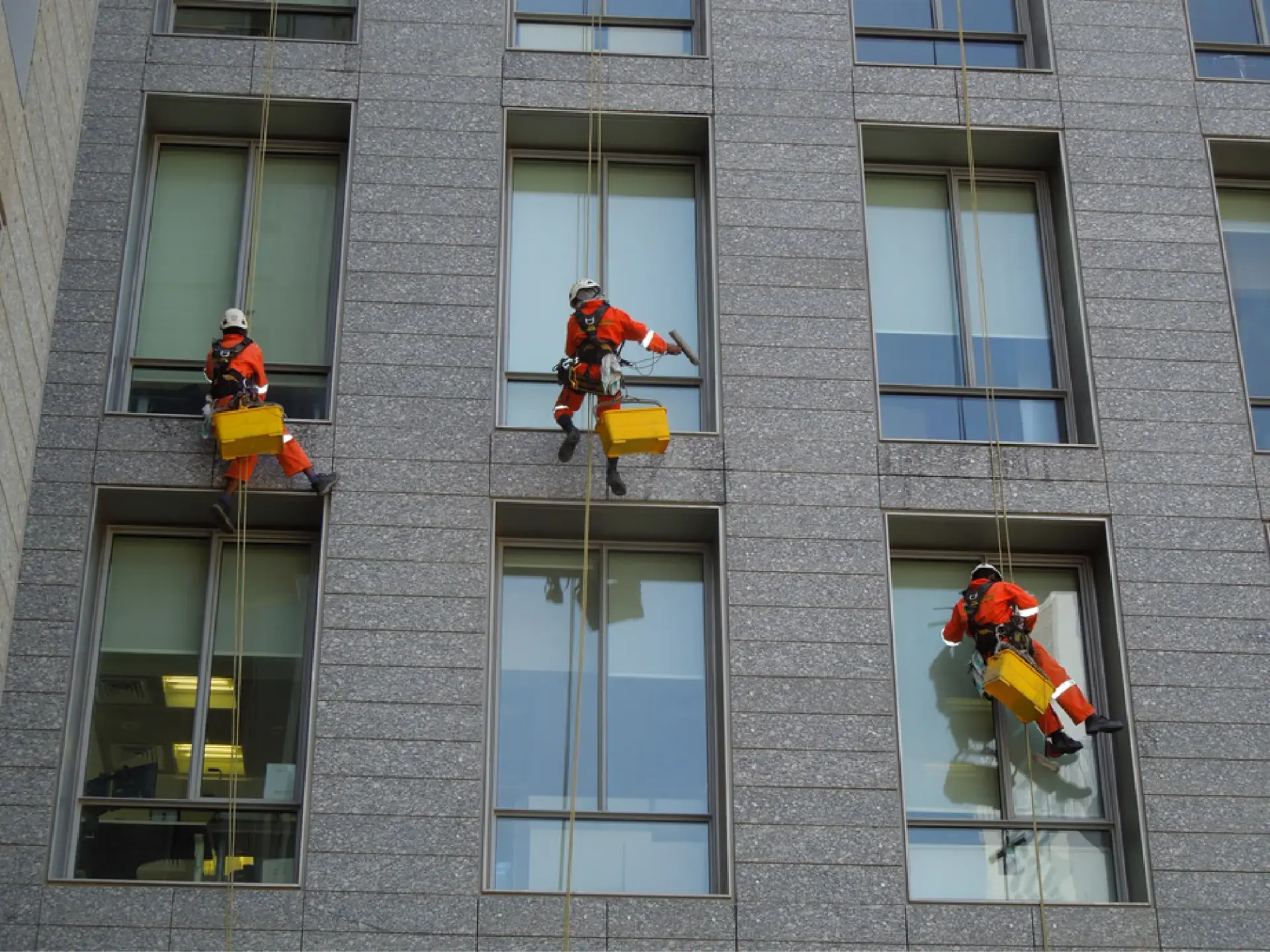 Rope-access team cleaning a commercial building facade
